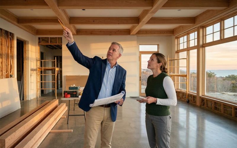 Architect and homeowner reviewing plans inside a home under construction