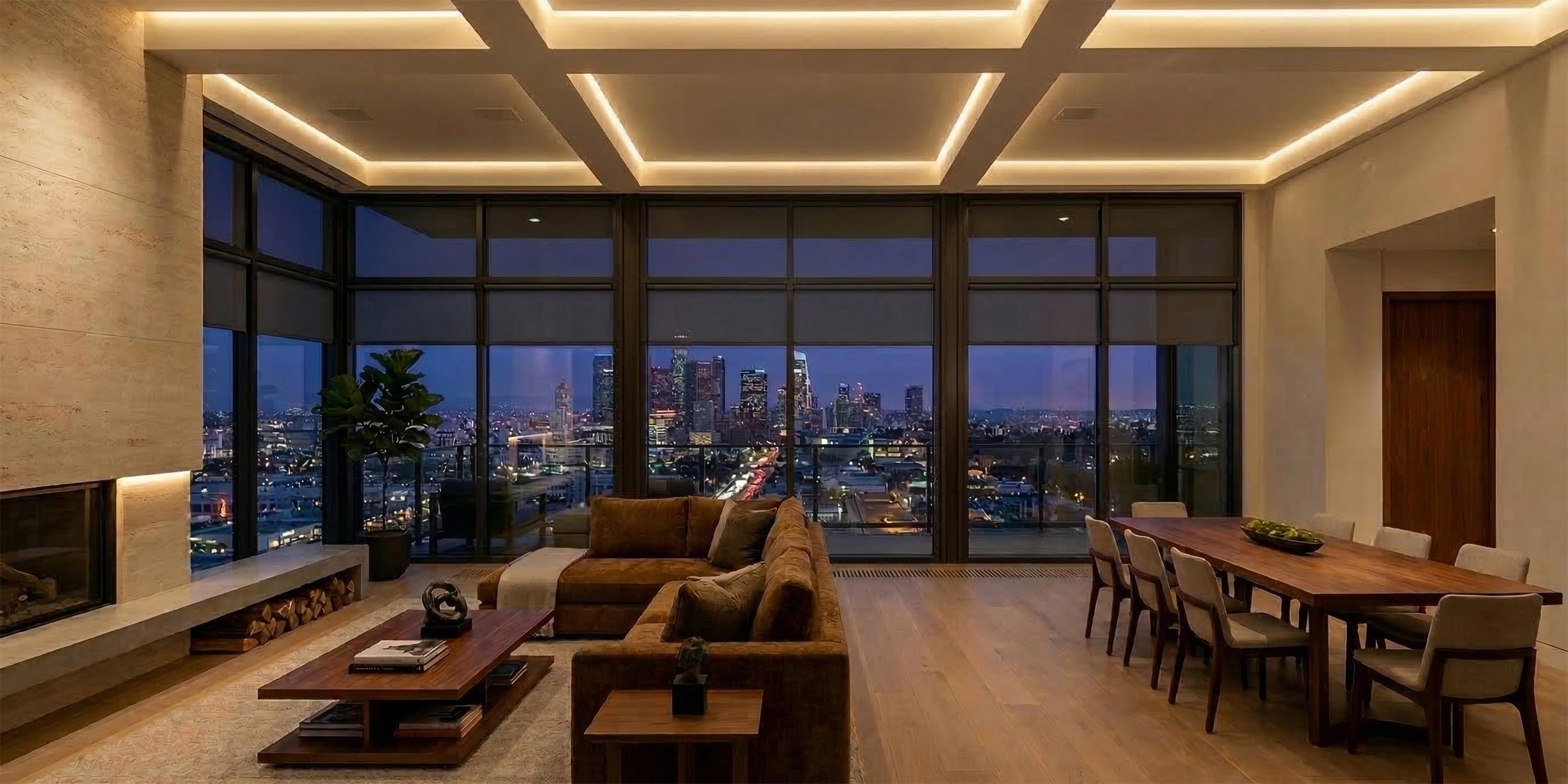 Modern living room with city view, coffered ceiling lights, and fireplace