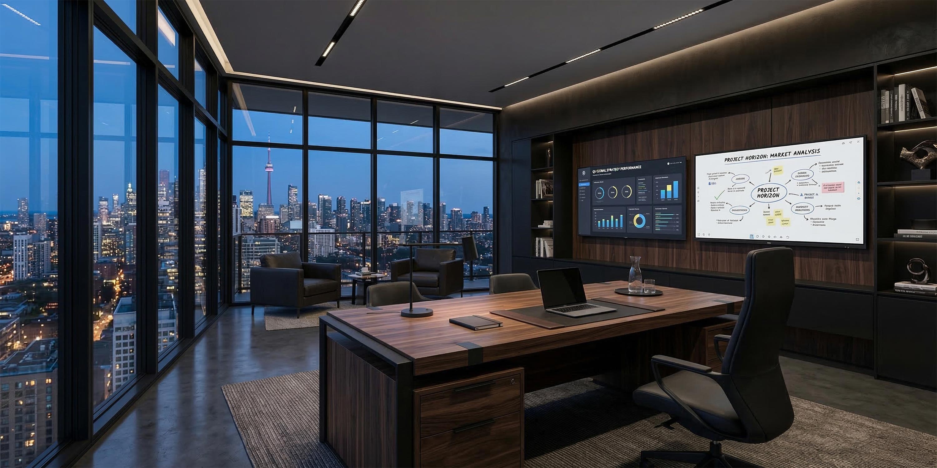 Executive office with wood desk, digital displays, and city skyline view