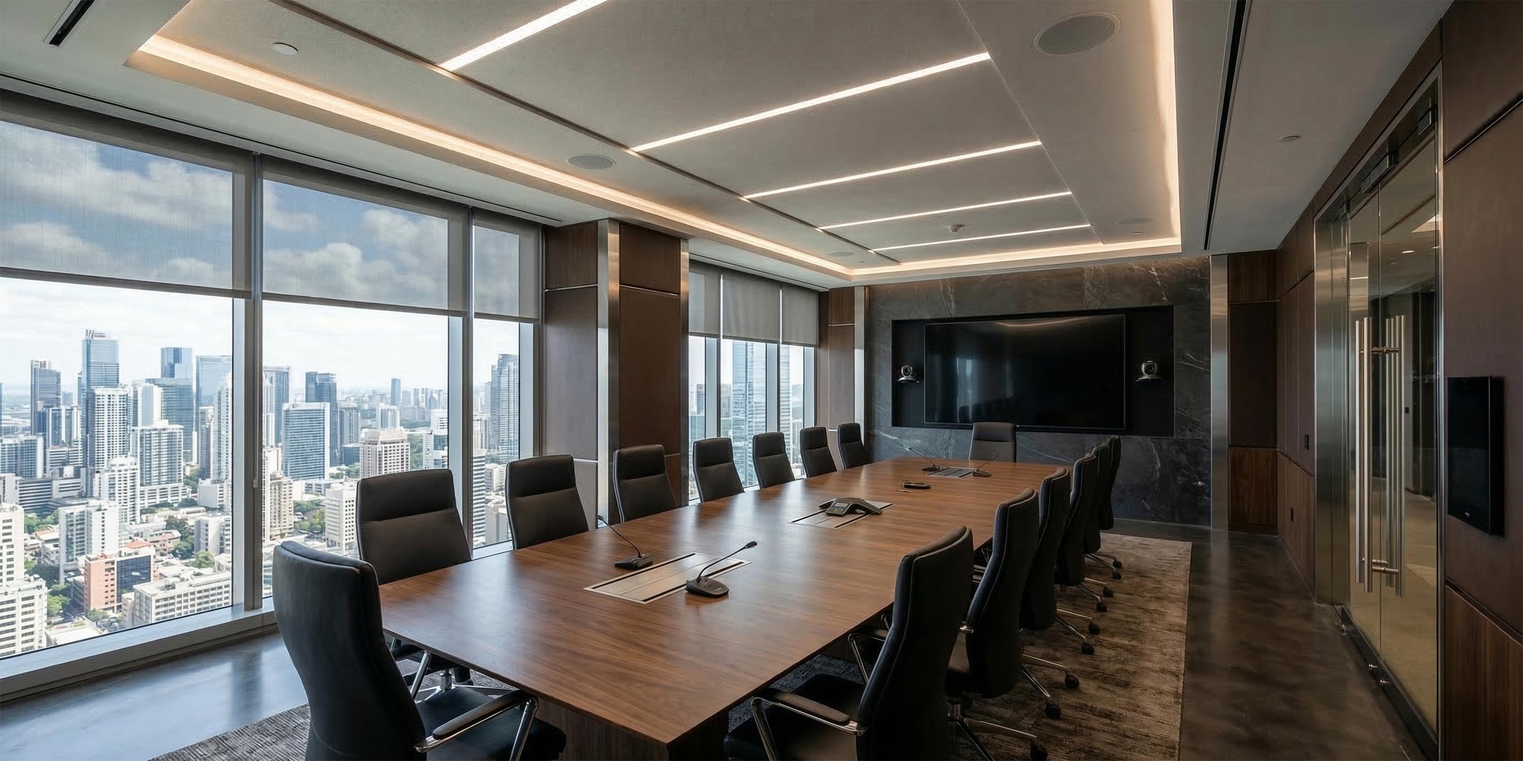 Large boardroom with long wood table, leather chairs, and floor-to-ceiling windows