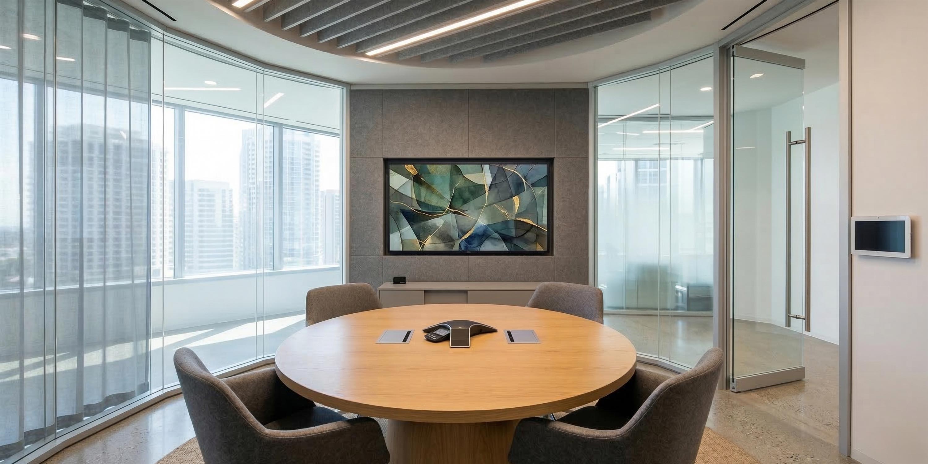 Small meeting room with round table, grey chairs, and curved glass walls
