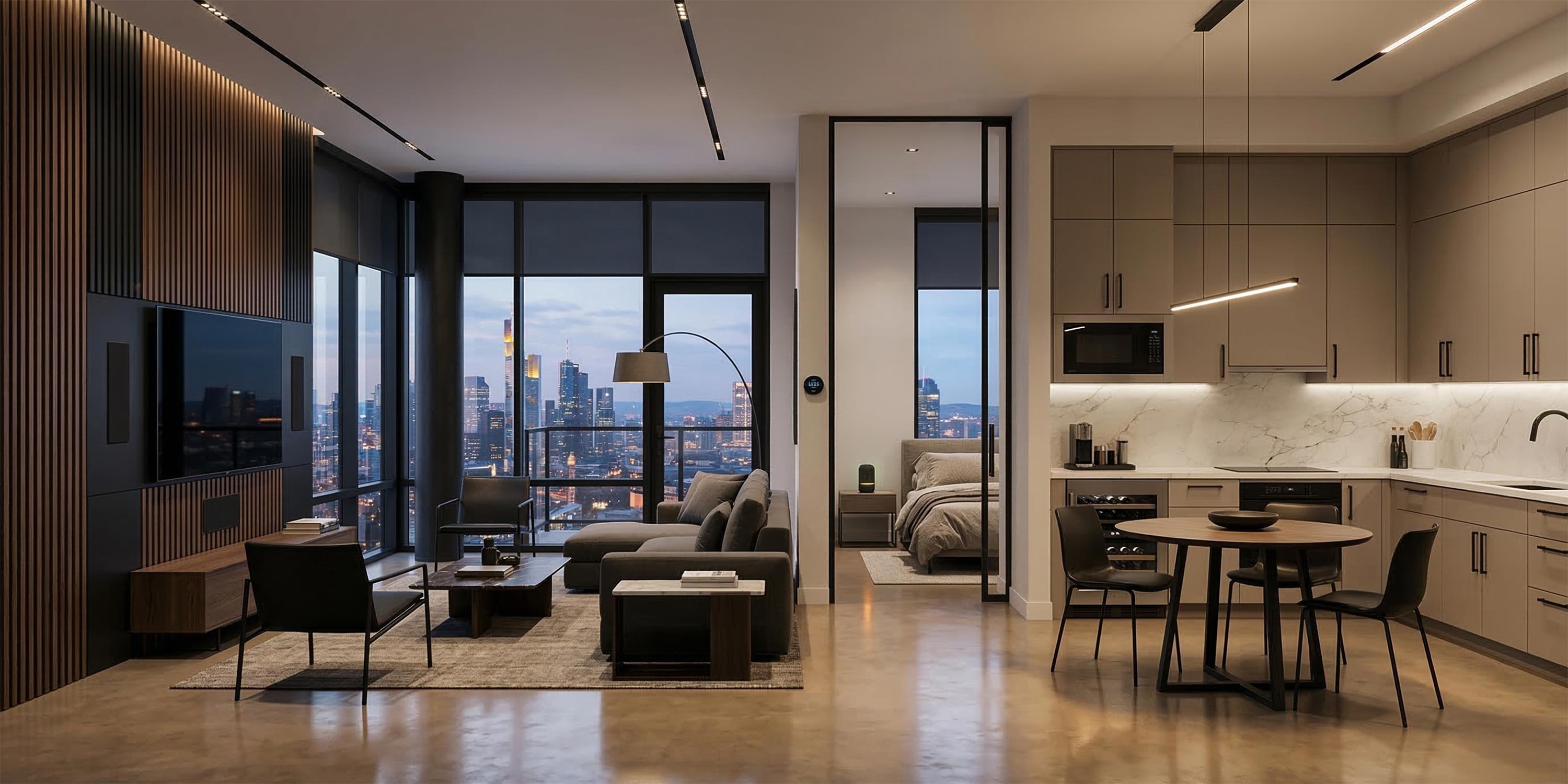 Open concept apartment with dark wood accents and integrated kitchen