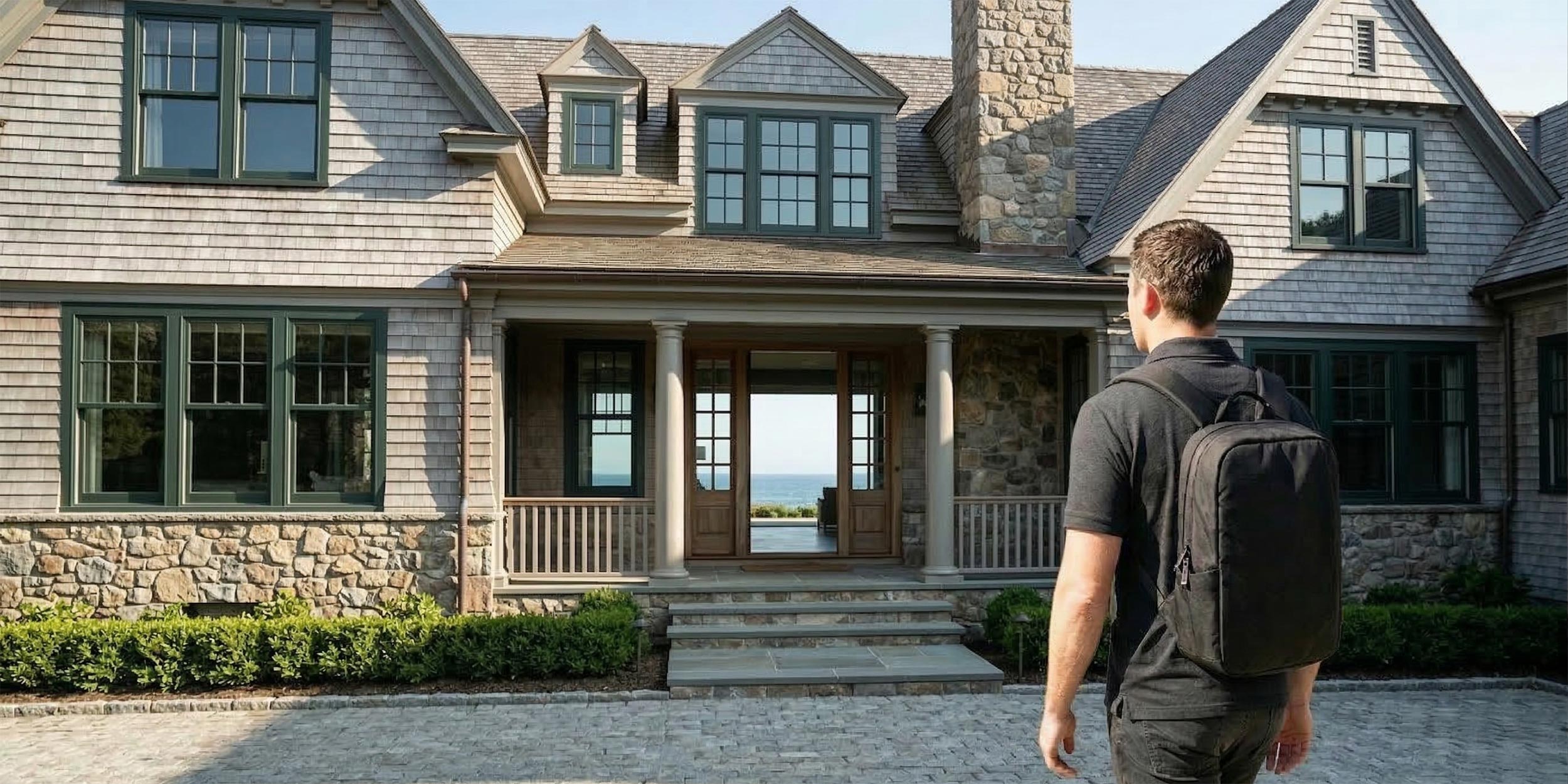 Man with a backpack walking toward a large shingle-style house