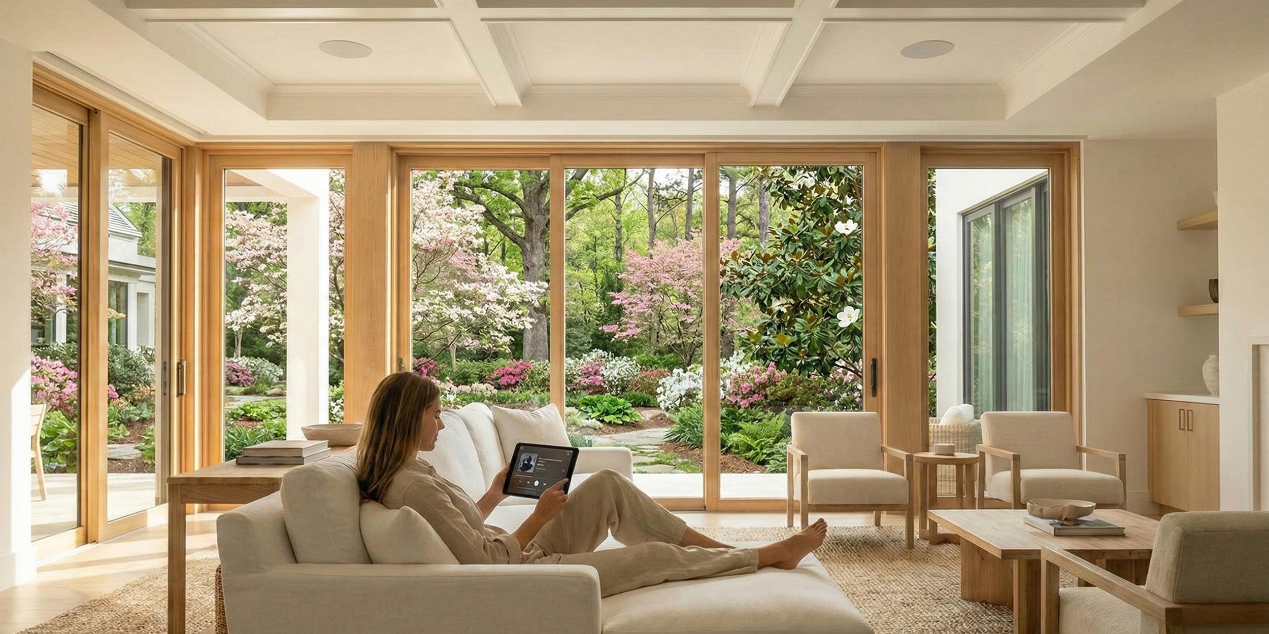Woman relaxing on a white sofa in a bright living room with garden views