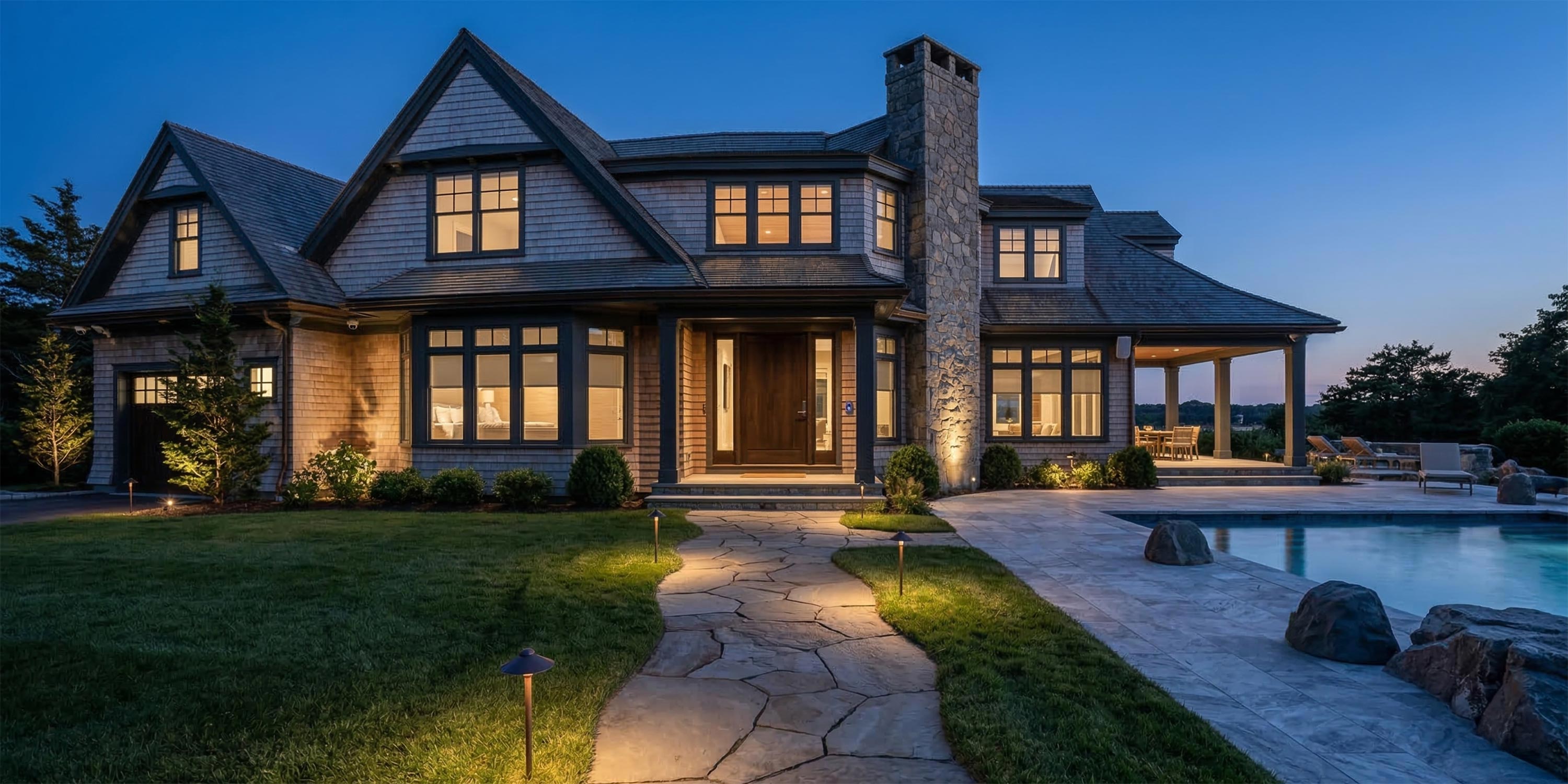 Luxury shingle-style house at dusk with stone path and pool