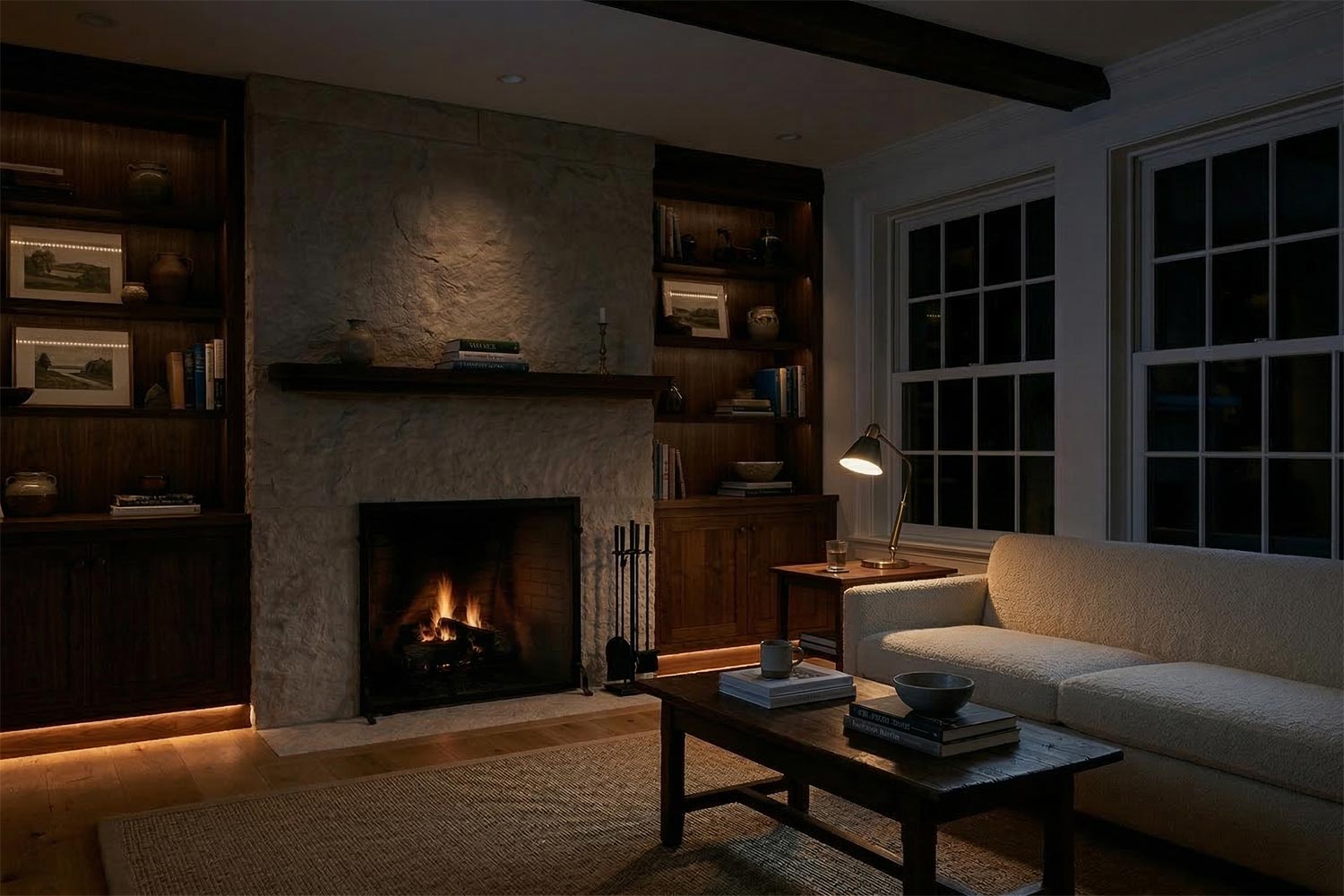 Living room at night with a glowing fireplace, dimmed lights, and a white sofa