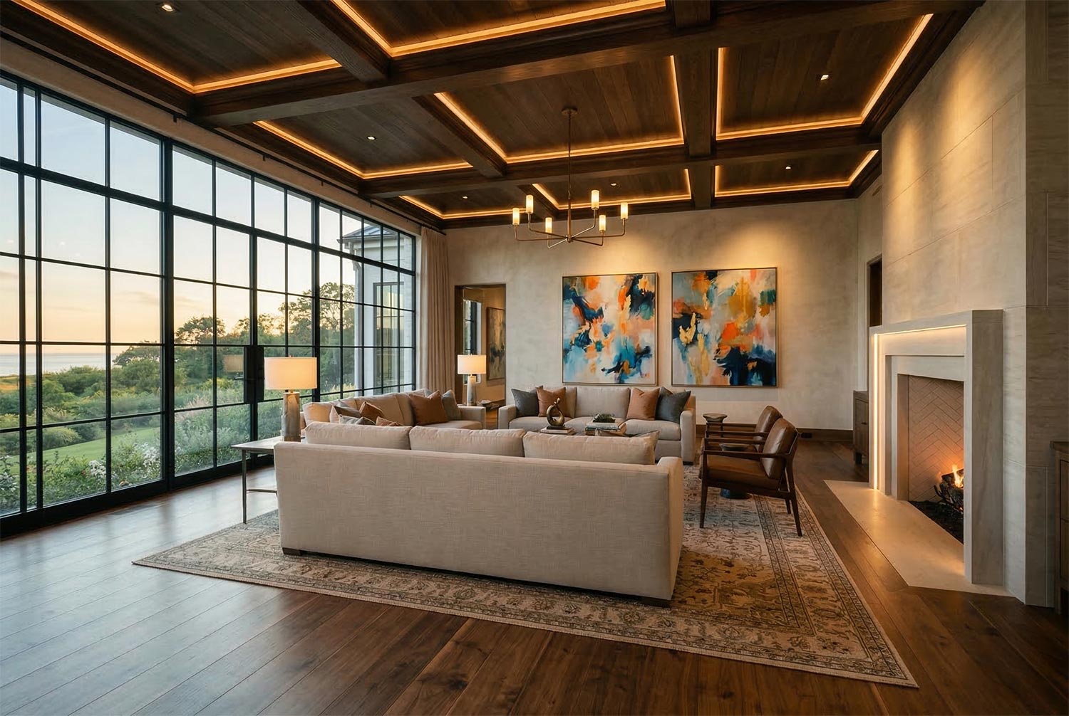 Modern living room with coffered wood ceiling, ambient lighting, and large windows