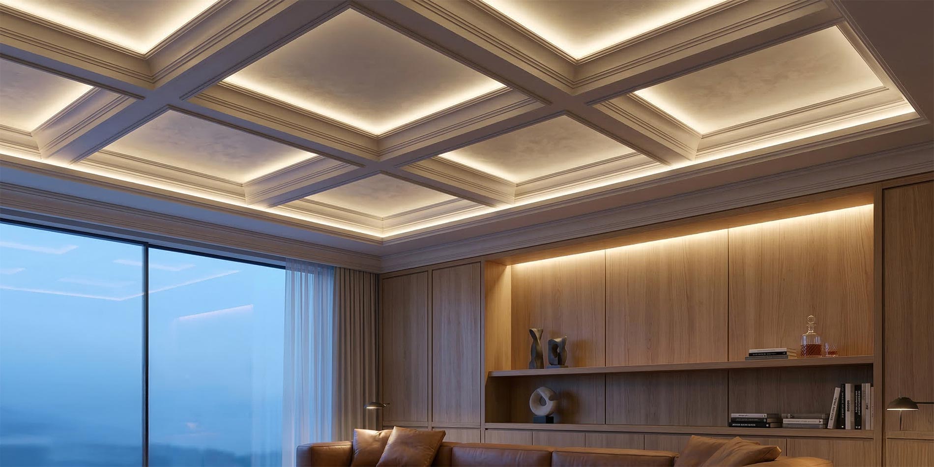 Modern coffered ceiling with integrated linear LED lighting above a wooden built-in shelf