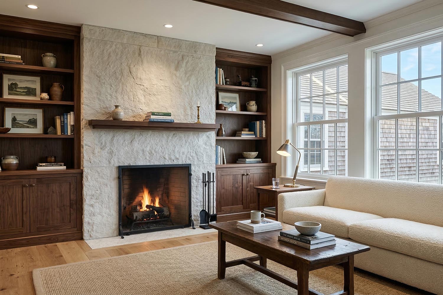 Bright living room in daylight featuring a stone fireplace, built-in shelves, and a cream couch