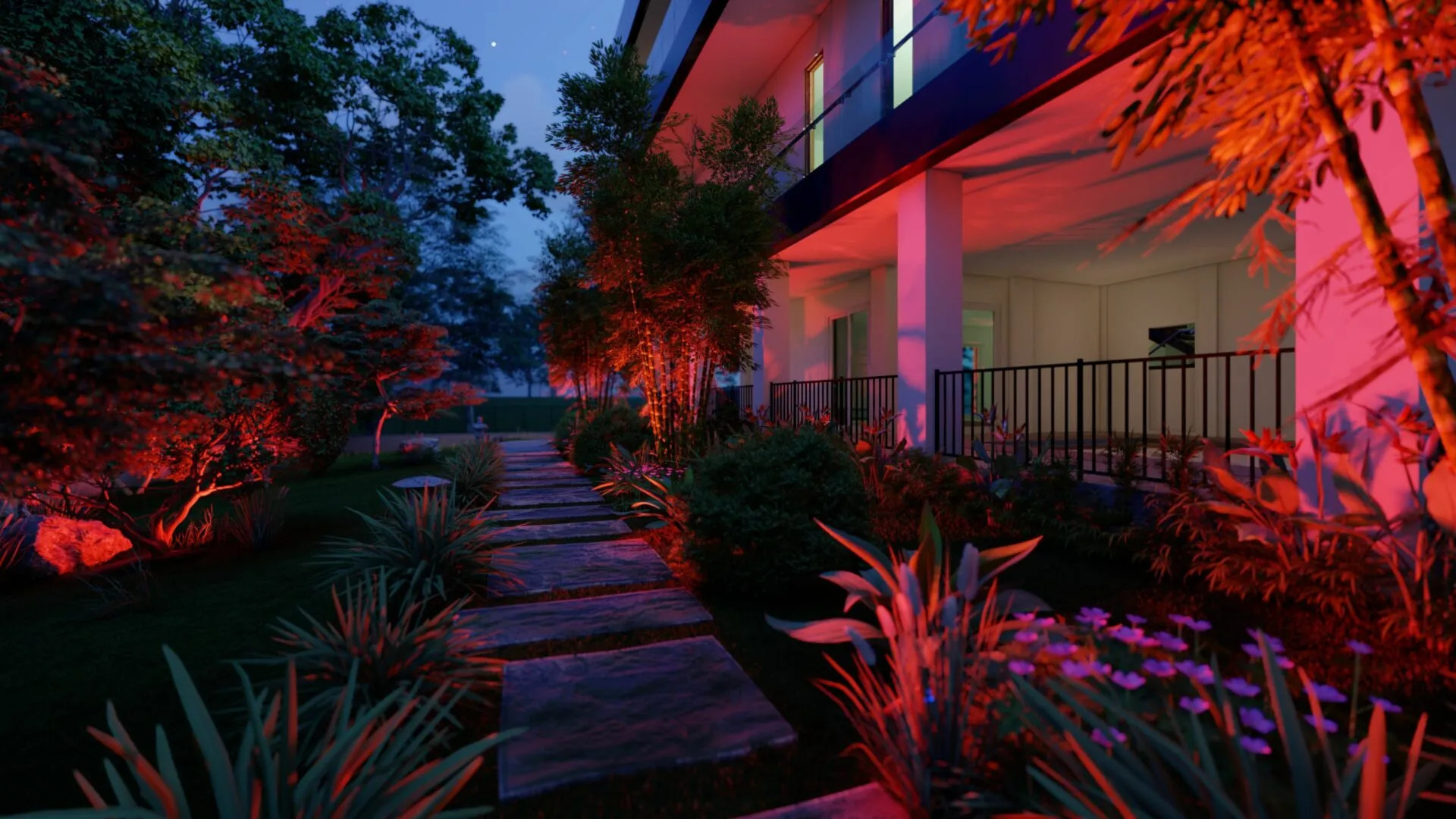 Coastal New England estate home lit at dusk