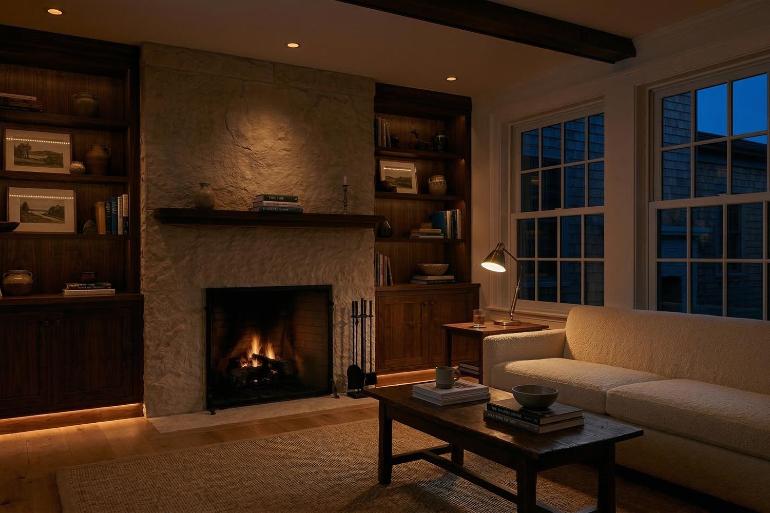 Cozy evening living room scene with warm ambient lighting and a fire in the hearth