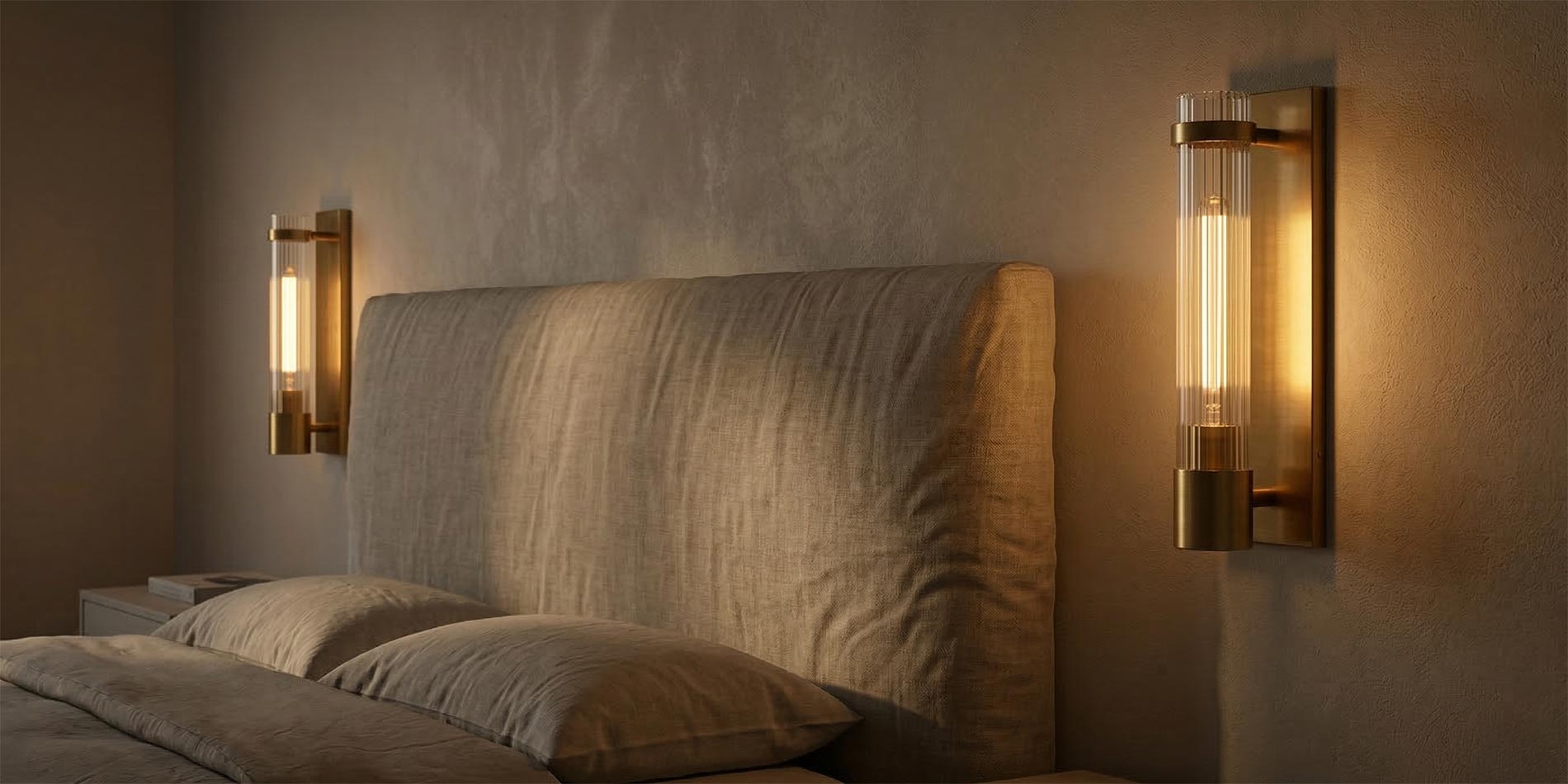 Pair of industrial brass wall sconces with glass tube shades flanking a neutral headboard
