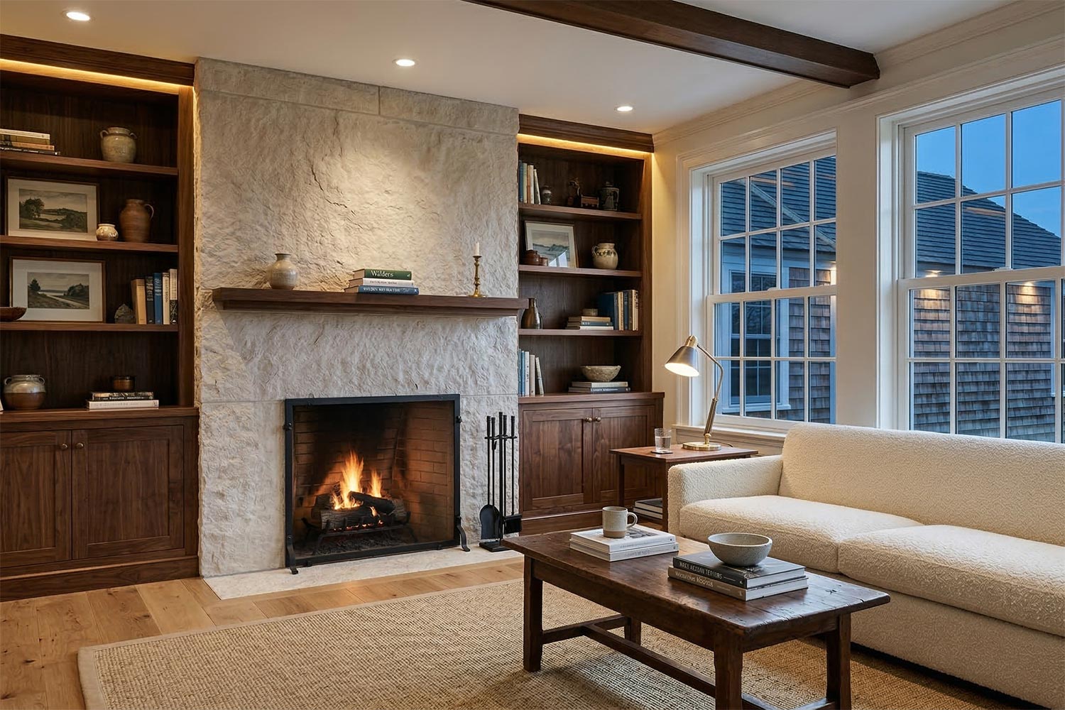 Well-lit interior featuring a stone fireplace and wooden shelving under bright ceiling lights