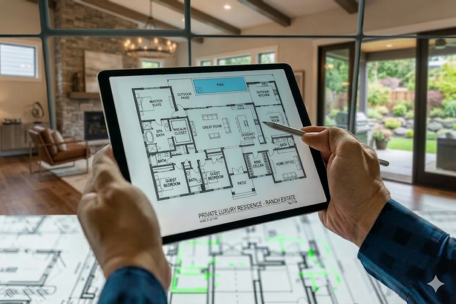 Hands holding a tablet displaying a home floor plan in a modern living room