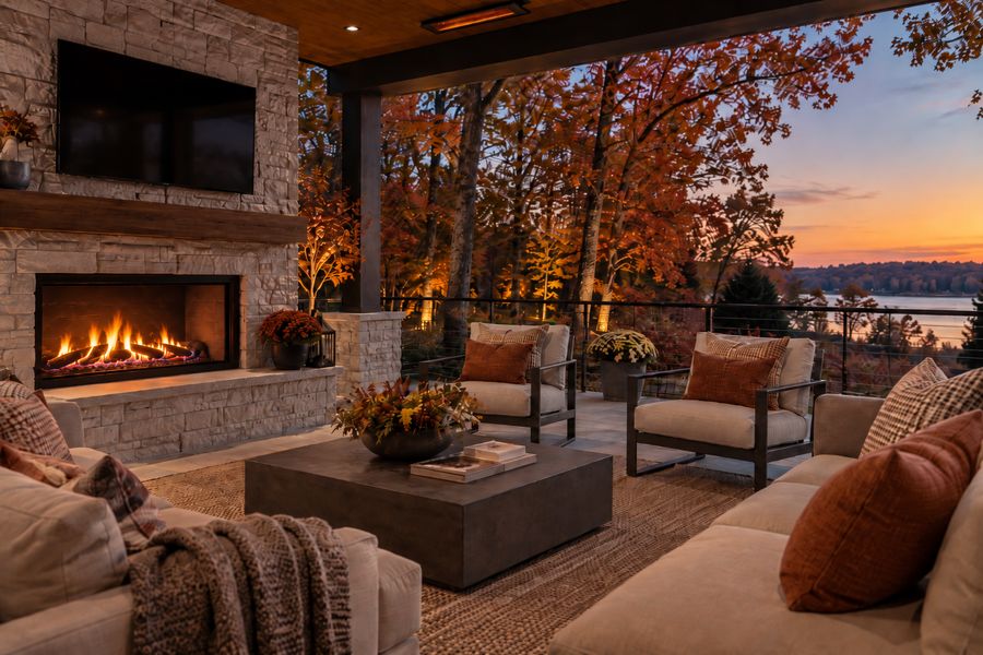 Cozy luxury outdoor patio in autumn with a stone fireplace, plush seating, fall foliage, and a peaceful lakeside view at sunset.