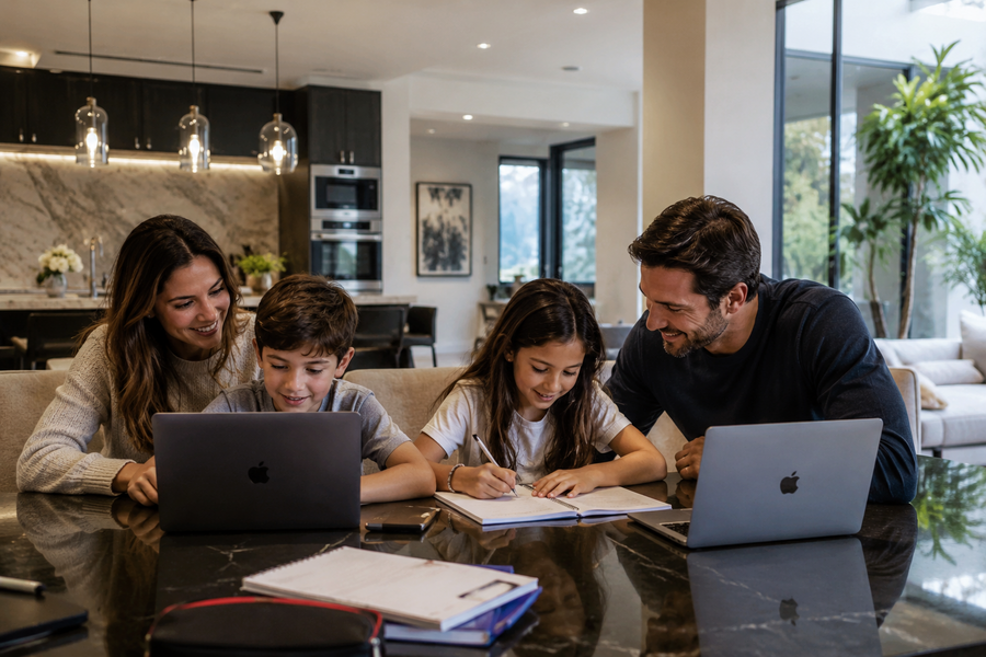 Family doing homework together on laptops at a table in a modern luxury home.