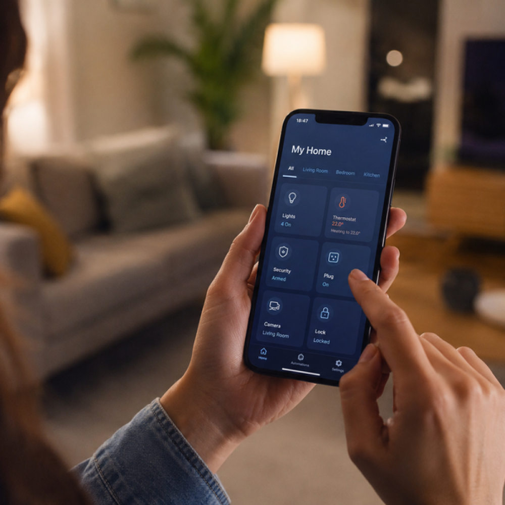 <span class="uk-h4">Woman using a smartphone app to control smart home features in a modern living room, including lighting, thermostat, security, and connected devices.</span>