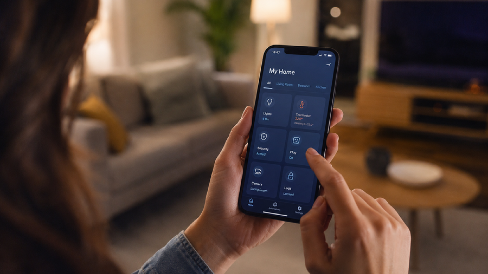 Woman using a smartphone app to control smart home features in a modern living room, including lighting, thermostat, security, and connected devices.