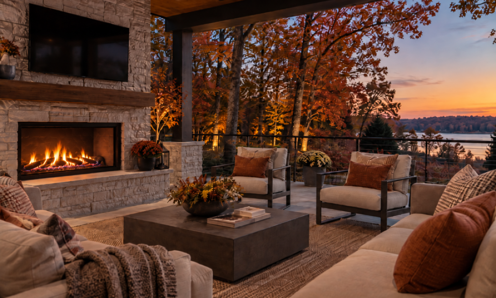<span class="uk-h4">Cozy luxury outdoor patio in autumn with a stone fireplace, plush seating, fall foliage, and a peaceful lakeside view at sunset.</span>