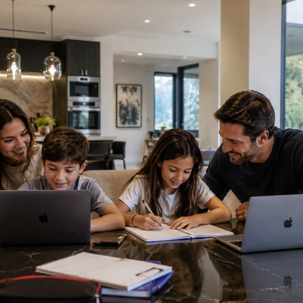 <span class="uk-h4">Family doing homework together on laptops at a table in a modern luxury home.</span>