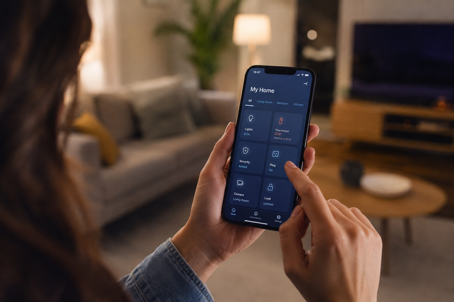 Woman using a smartphone app to control smart home features in a modern living room, including lighting, thermostat, security, and connected devices.