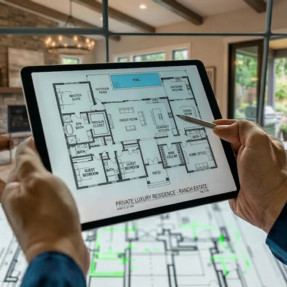 <span class="uk-h4">Hands holding a tablet displaying a home floor plan in a modern living room</span>
