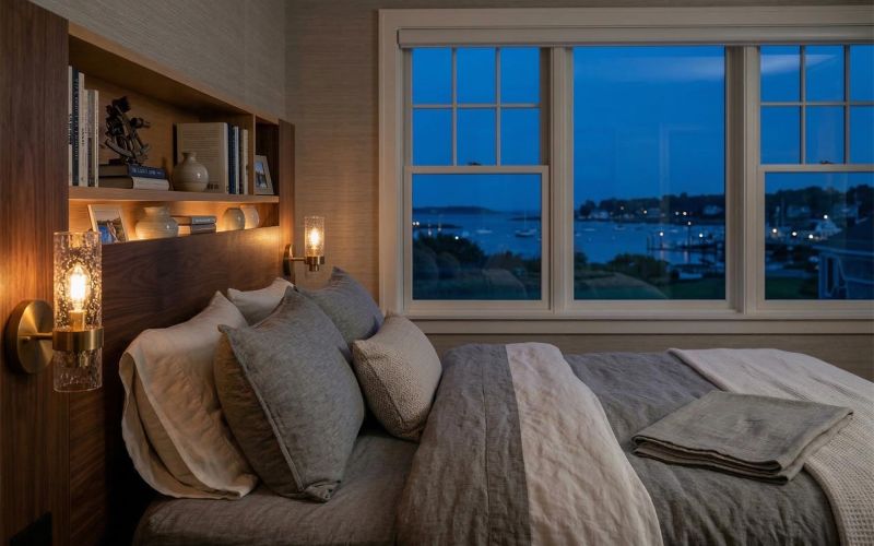 Bedroom with warm bedside sconces and a large window overlooking a coastal twilight view