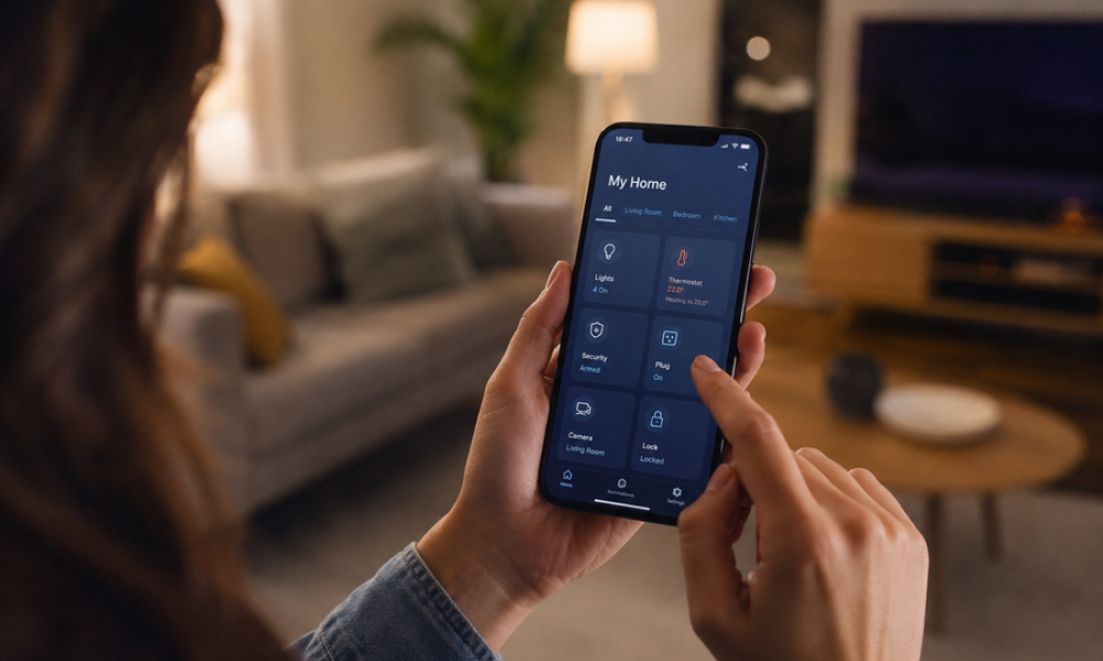 <span class="uk-h4">Woman using a smartphone app to control smart home features in a modern living room, including lighting, thermostat, security, and connected devices.</span>