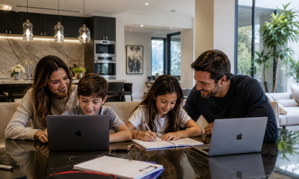 <span class="uk-h4">Family doing homework together on laptops at a table in a modern luxury home.</span>