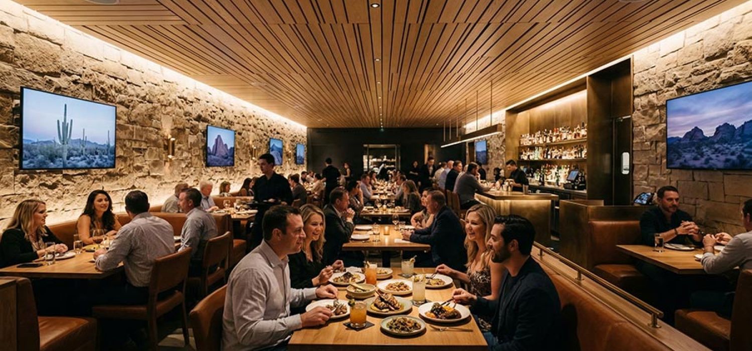 People dining in a modern restaurant with stone walls and wood slatted ceiling