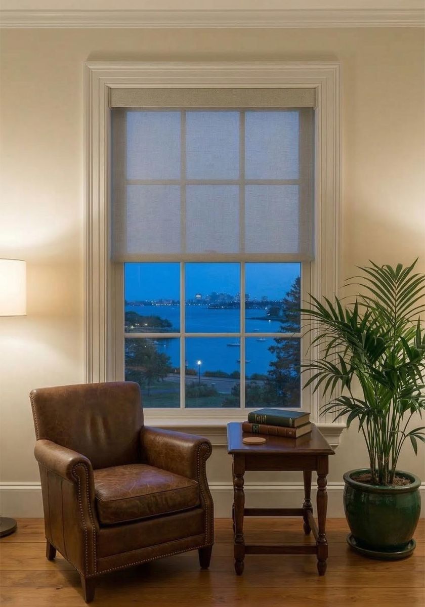 Automated fabric window shade partially lowered in a classic room