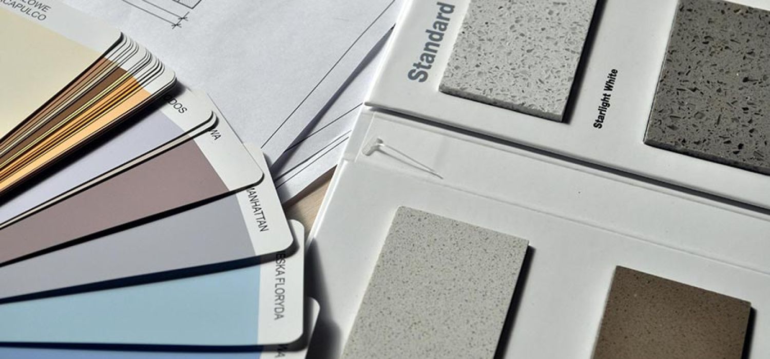 Architectural samples including paint swatches and stone textures
