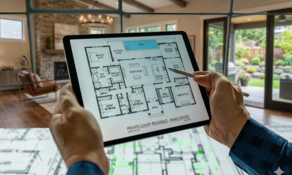 <span class="uk-h4">Hands holding a tablet displaying a home floor plan in a modern living room</span>