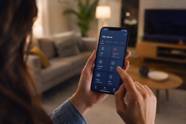Woman using a smartphone app to control smart home features in a modern living room, including lighting, thermostat, security, and connected devices.