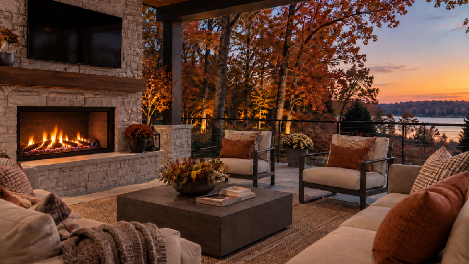Cozy luxury outdoor patio in autumn with a stone fireplace, plush seating, fall foliage, and a peaceful lakeside view at sunset.