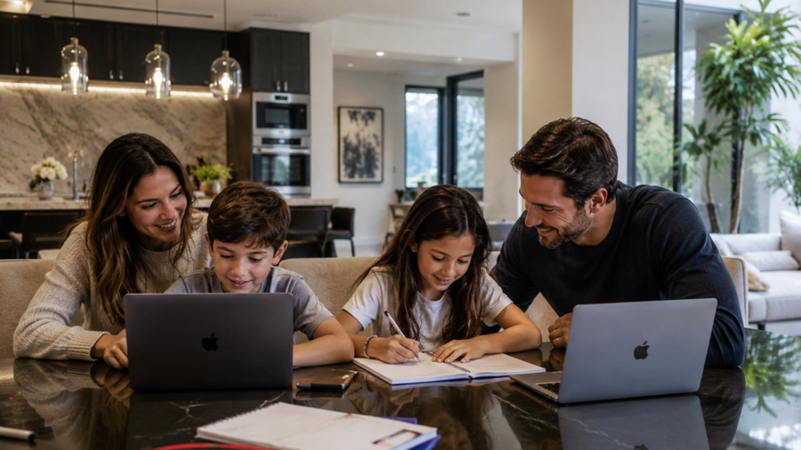 Family doing homework together on laptops at a table in a modern luxury home.