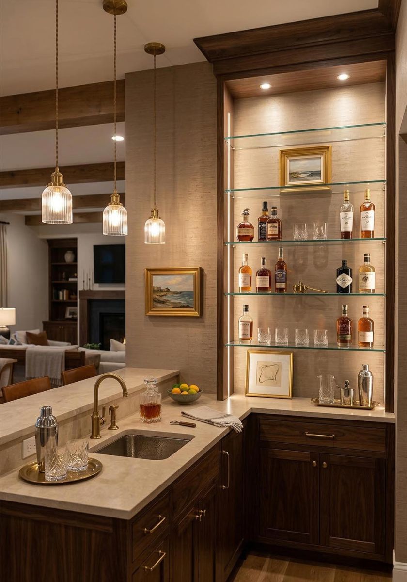 Illuminated home bar with glass shelves and warm pendant lights